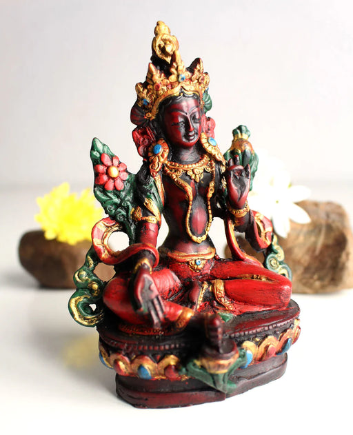 5-Inch Green Tara Resin Statue with Reddish Patina - Buddhist Icon