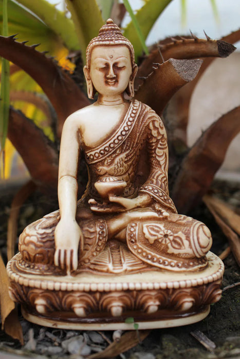 Dragon Carved Shakyamuni Buddha Resin Statue - Calming Altar Decor - 4