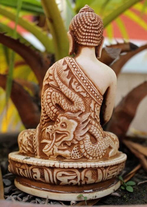 Dragon Carved Shakyamuni Buddha Resin Statue - Calming Altar Decor - 3