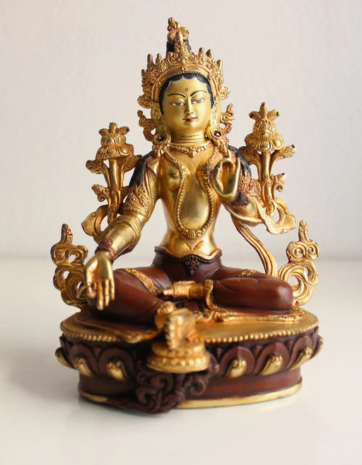 8.6-Inch Majestic Green Tara Statue, Partly Gold Plated - 5