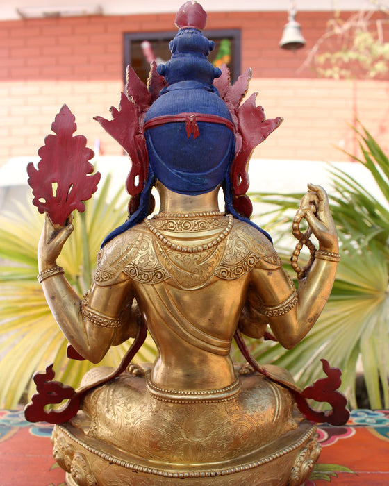 13-Inch Gold-Plated Chenrezig Statue - Intricate Carvings, Masterpiece Craftsmanship