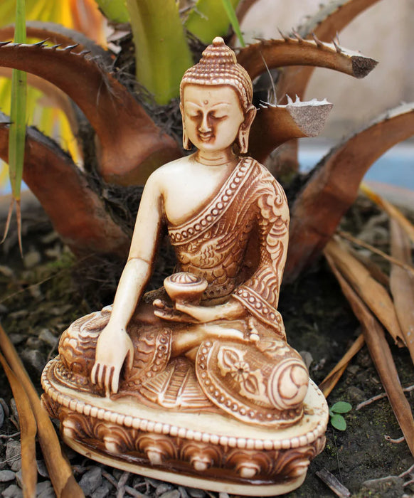 Dragon Carved Shakyamuni Buddha Resin Statue - Calming Altar Decor - 2