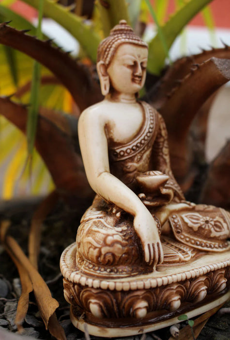 Dragon Carved Shakyamuni Buddha Resin Statue - Calming Altar Decor - 1