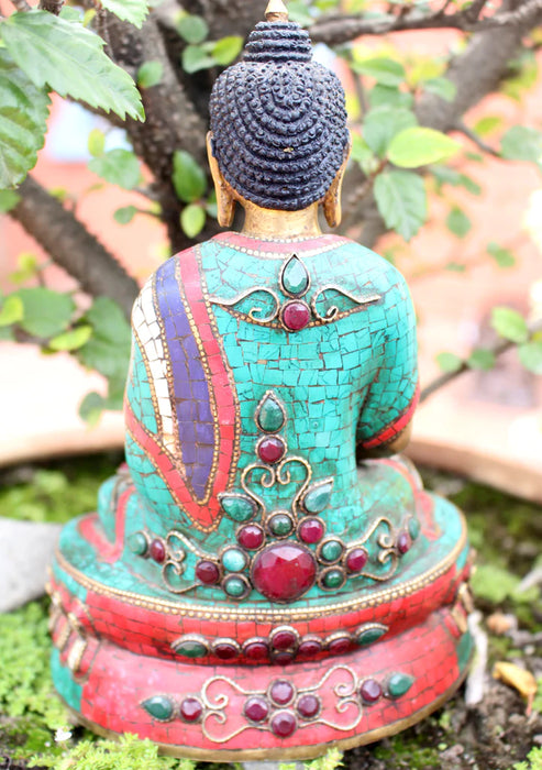 8.5 Inch High Amitabh Buddha Statue with Inlaid Turquoise and Coral - 1