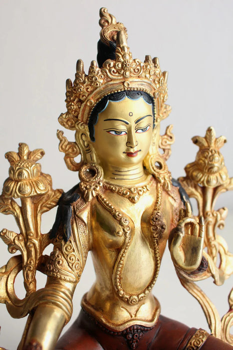 8.6-Inch Majestic Green Tara Statue, Partly Gold Plated - 3