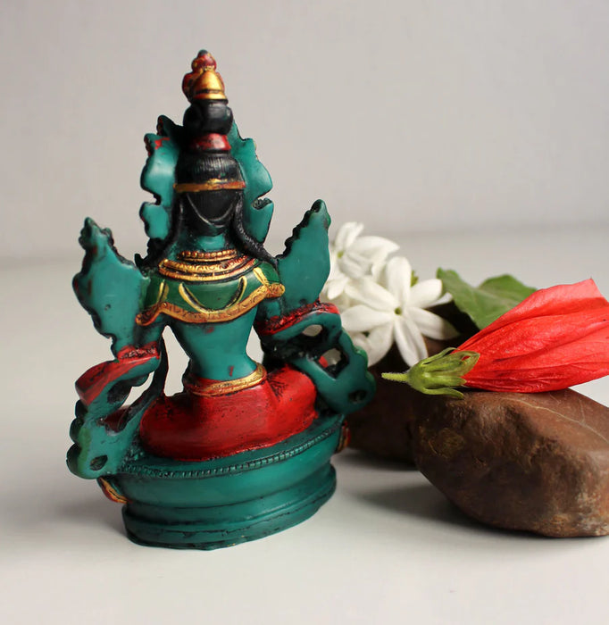 Resin Green Tara Statue - 4.6 Inch Turquoise and Coral Toned Sculpture - 2