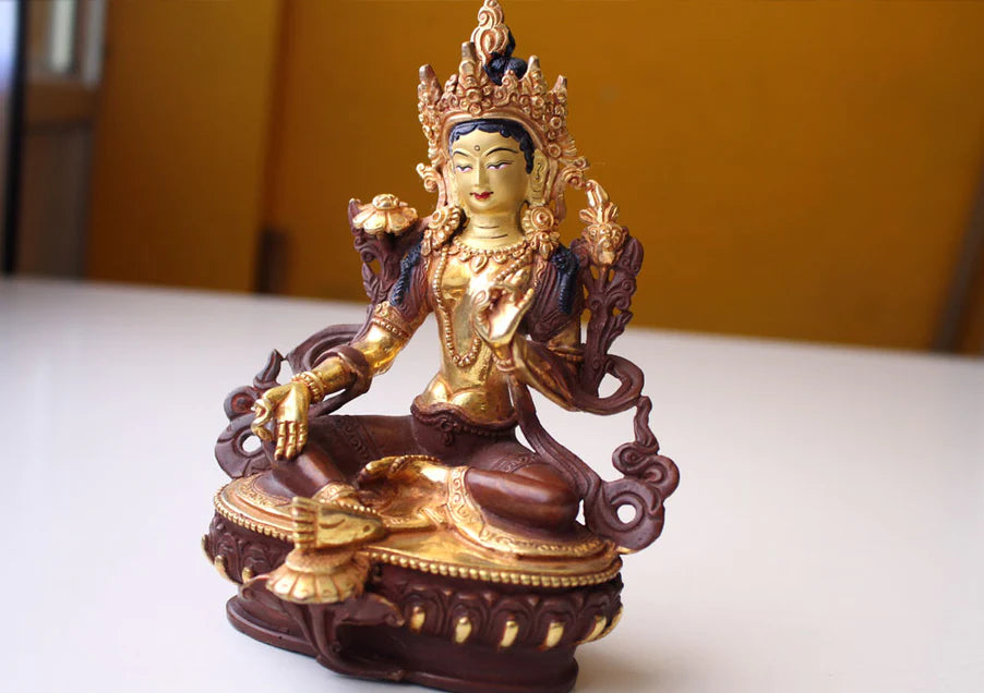 6 Inch Partly Gold-Plated Green Tara Statue with Lotus Base - 1
