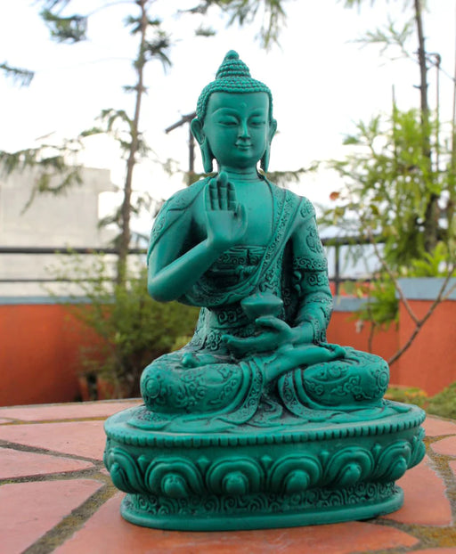 Green Amoghasiddhi Buddha Resin Statue with Floral Motifs - 7-Inch - 3