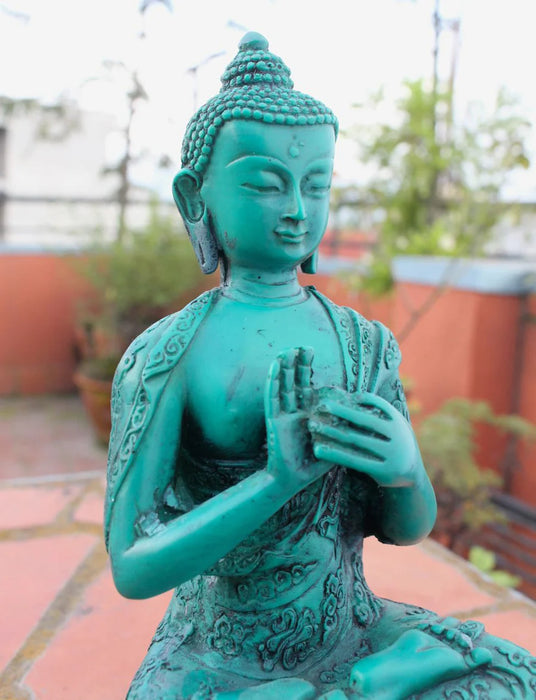 Turquoise Floral Motif Vairochana Buddha Resin Statue - 7" Inch High - 1