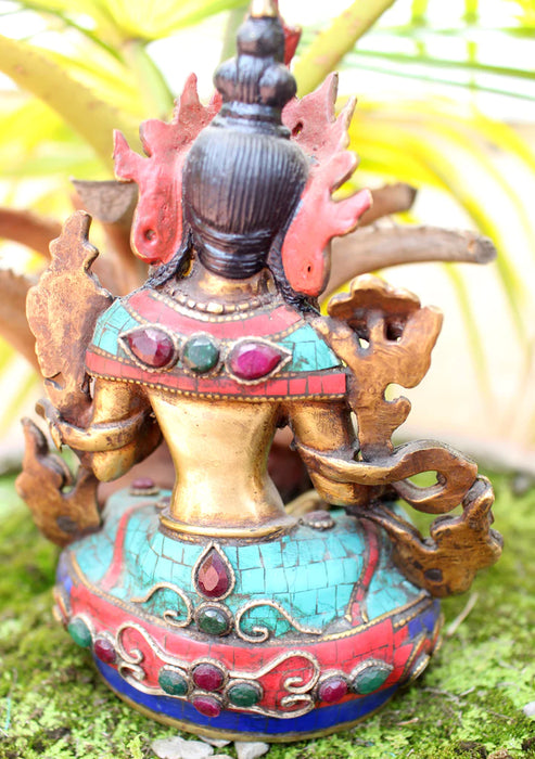 6-Inch Green Tara Statue with Glowing Aura and Inlaid Turquoise Robe - 1