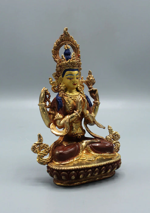 6.5-Inch Gold Plated Chenrezig Statue - Four-Armed Buddha of Compassion" - 4
