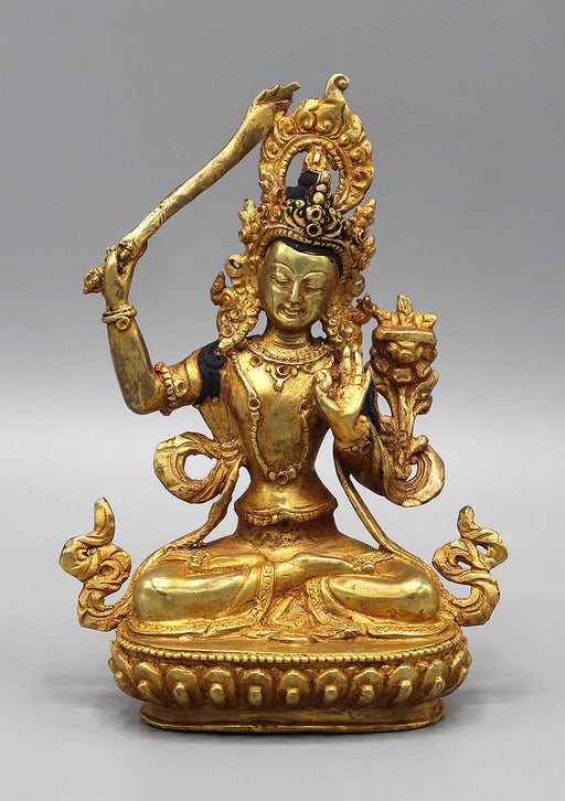 6 Inch Gold Plated Copper Tibetan Manjushri Statue - 6