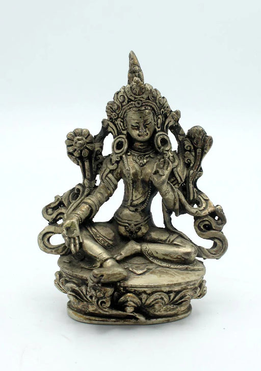 4 Inch White Metal Green Tara Statue - Exquisite Craftsmanship