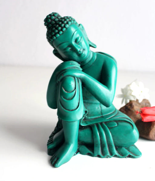 Turquoise Green Resin Resting Buddha Statue - 7.5 Inch Handmade Sculpture - 3