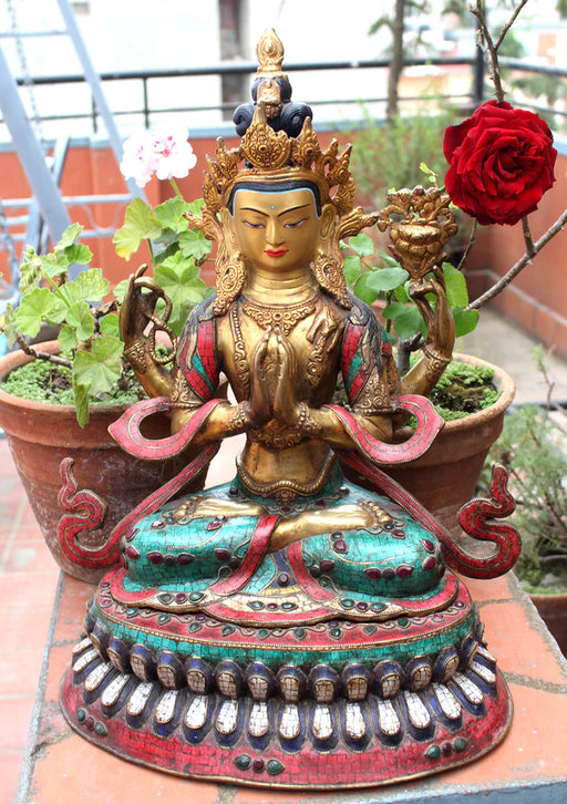 19 Inch Chenrezig Statue Inlaid with Turquoise, Coral, and Lapis - Handcrafted Masterpiece