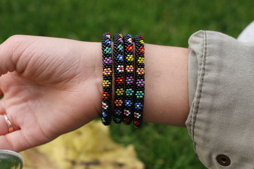 Confetti Black Flower Straight Handmade Nepal bracelet Set of 4 - 3