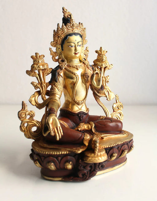8.6-Inch Majestic Green Tara Statue, Partly Gold Plated - 4