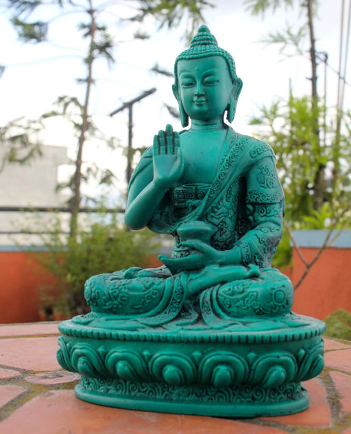 Green Amoghasiddhi Buddha Resin Statue with Floral Motifs - 7-Inch - 2