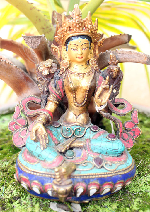 6-Inch Green Tara Statue with Glowing Aura and Inlaid Turquoise Robe - 4