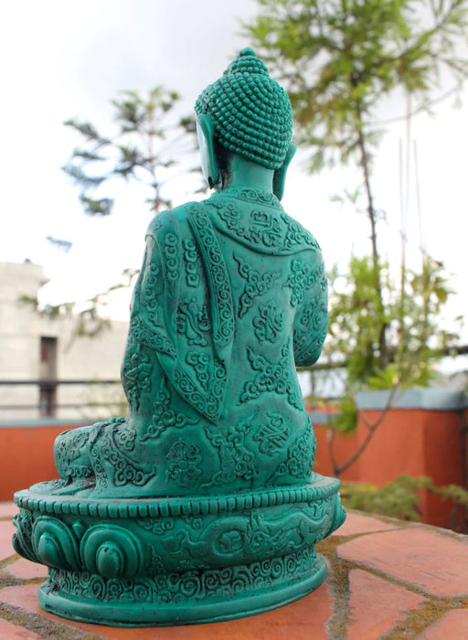 Green Amoghasiddhi Buddha Resin Statue with Floral Motifs - 7-Inch - 1