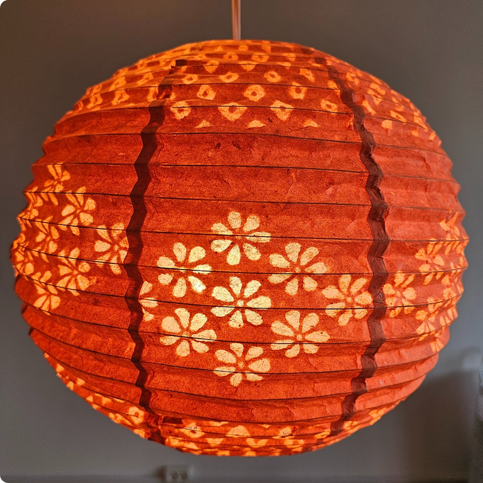 Handmade Orange Lokta Paper Lampshade with Half-Flower Print - 2
