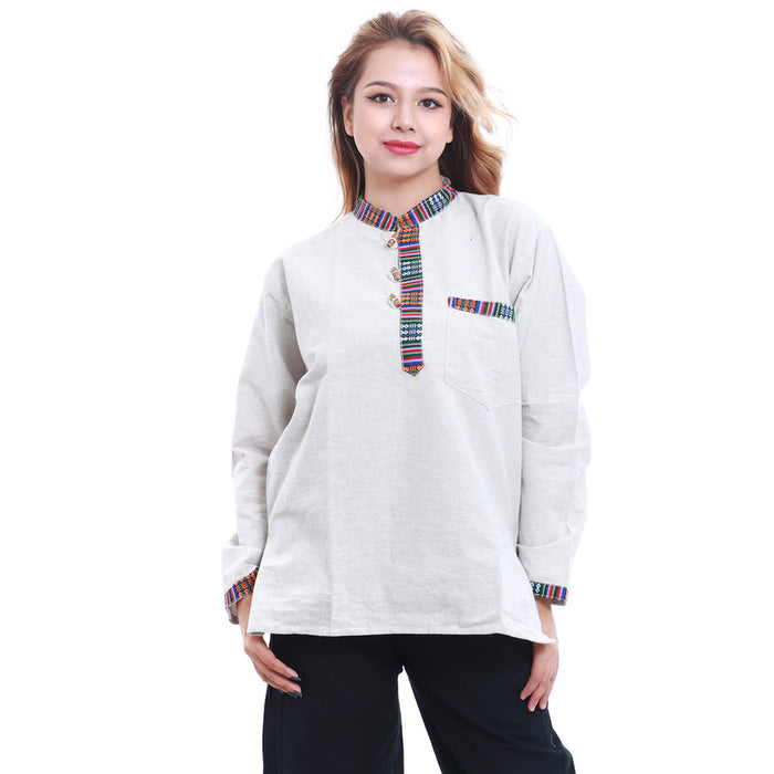Fair Trade Nepal Light Cotton Shirt Kurtha, Bhutani Border, Unisex, Light Grey