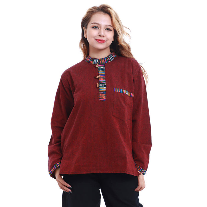 Fair Trade Nepal Light Cotton Shirt Kurtha, Bhutani Border, Unisex, Maroon