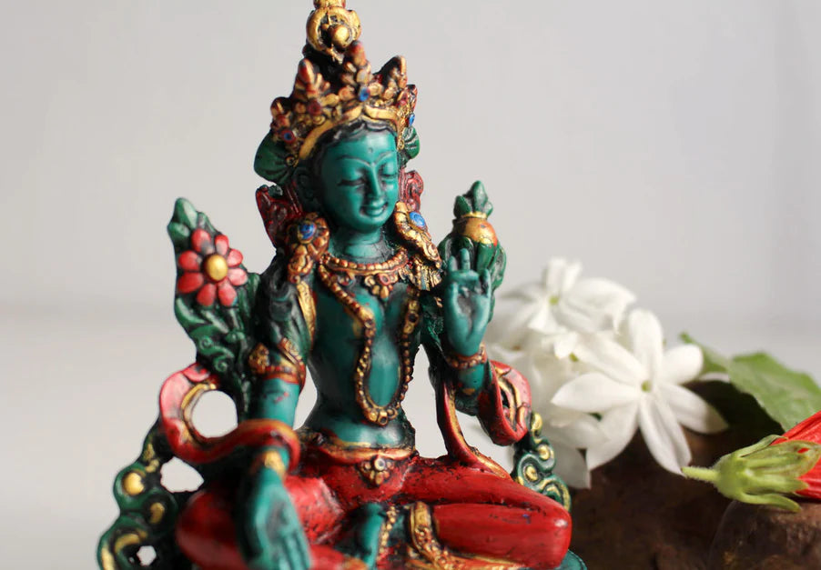 Resin Green Tara Statue - 4.6 Inch Turquoise and Coral Toned Sculpture