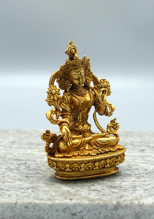 3.5-Inch Gold Plated Tibetan White Tara Statue - Elegant Copper Sculpture