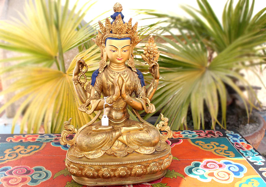 13-Inch Gold-Plated Chenrezig Statue - Intricate Carvings, Masterpiece Craftsmanship