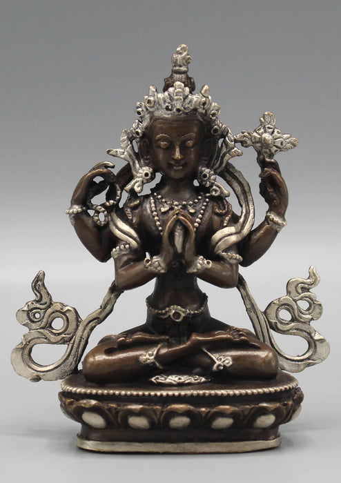 4 Inch High Copper Chenrezig Statue with Inlaid Silver Robe - Handmade from Nepal