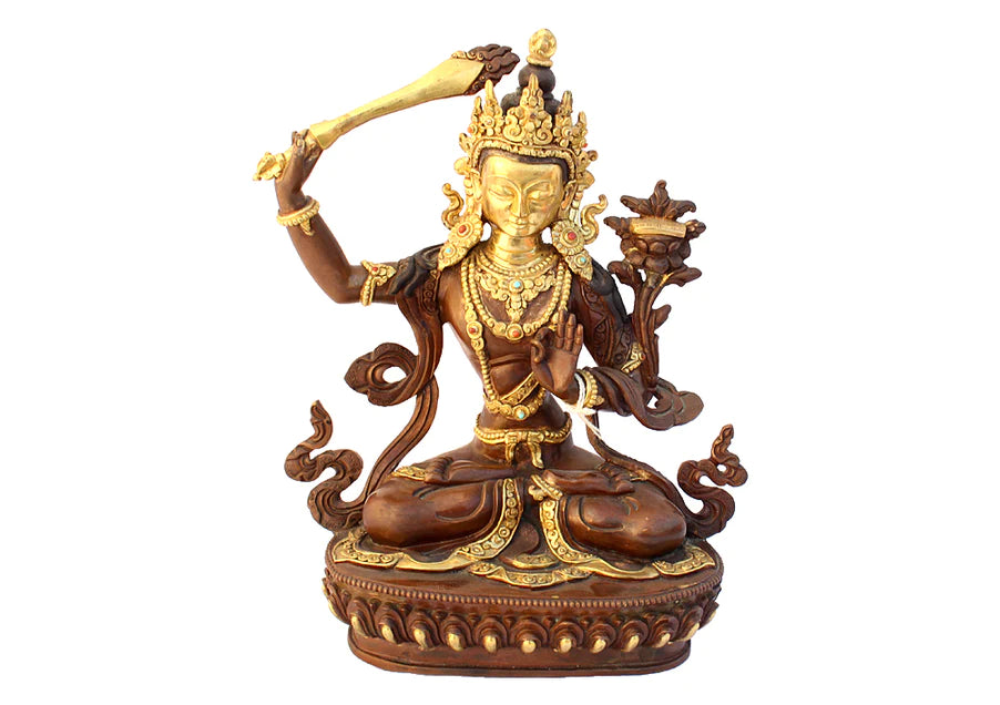 8-Inch Gold-Plated Manjushri Statue - Unique Copper Sculpture