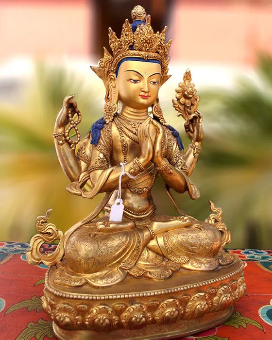 13-Inch Gold-Plated Chenrezig Statue - Intricate Carvings, Masterpiece Craftsmanship