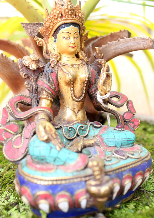 6-Inch Green Tara Statue with Glowing Aura and Inlaid Turquoise Robe