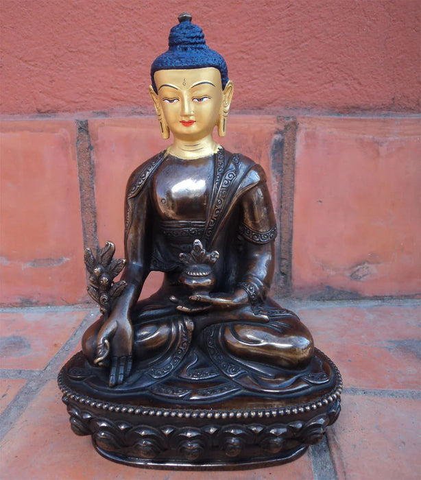 8-Inch Copper Oxidized Medicine Buddha Statue with Gold Face Painting