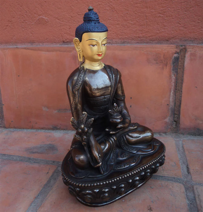 8-Inch Copper Oxidized Medicine Buddha Statue with Gold Face Painting