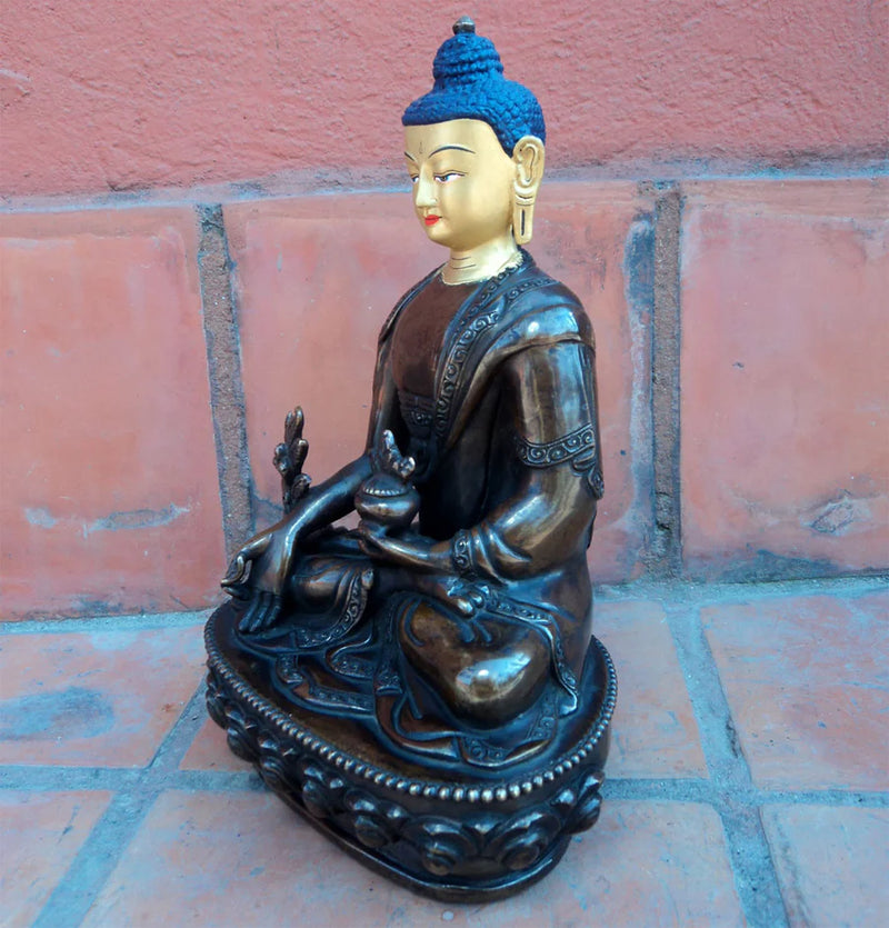 8-Inch Copper Oxidized Medicine Buddha Statue with Gold Face Painting - 2