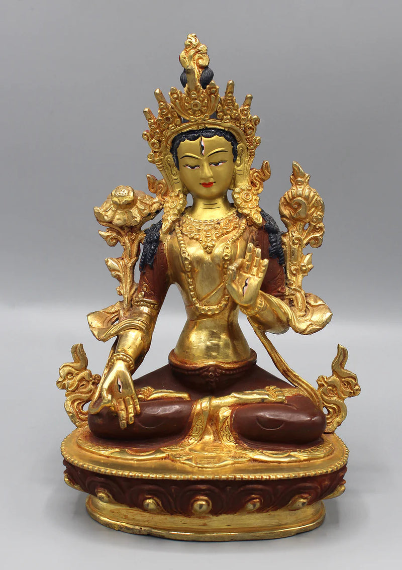 8-Inch White Tara Statue - Partly Gold Plated Copper Goddess of Compassion - 4