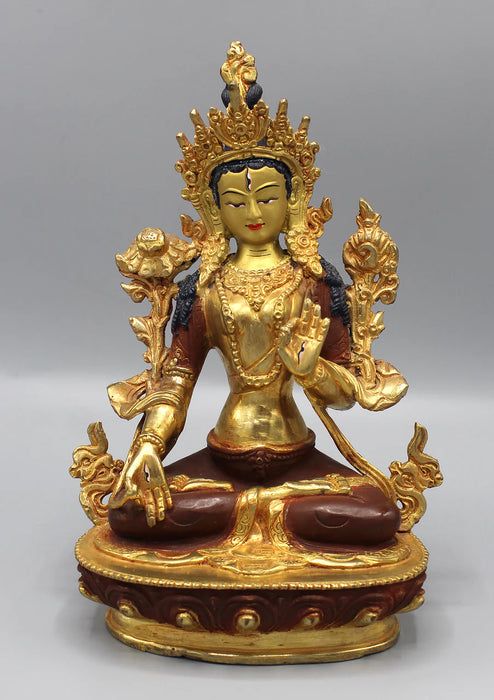 8-Inch White Tara Statue - Partly Gold Plated Copper Goddess of Compassion