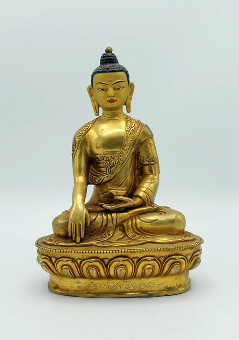 8 Inch Gold Plated Shakyamuni Buddha Statue with Floral Carvings