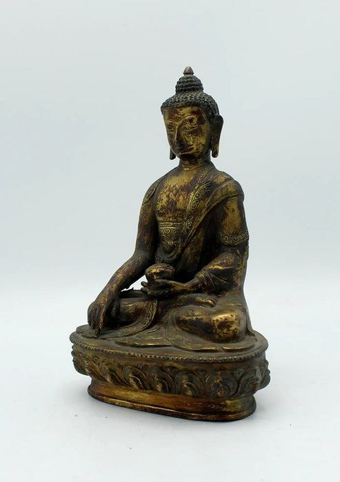 8 Inch Antique Copper Shakyamuni Buddha Statue - Gold Plated Nepalese Sculpture