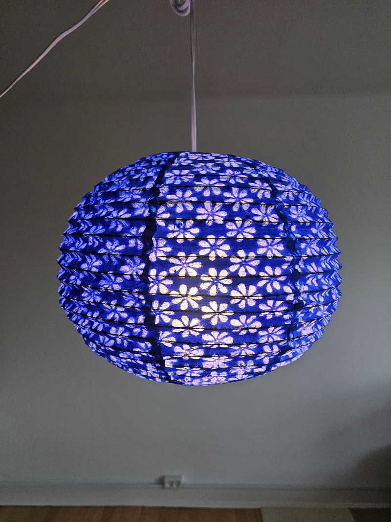 Blue Round Lokta Paper Lampshade – Handmade Nepalese Hanging Light Shade - Circular Lampshades