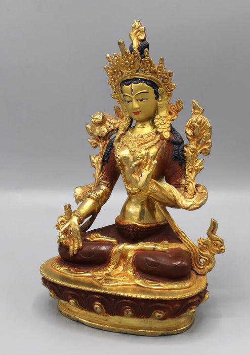 8-Inch White Tara Statue - Partly Gold Plated Copper Goddess of Compassion