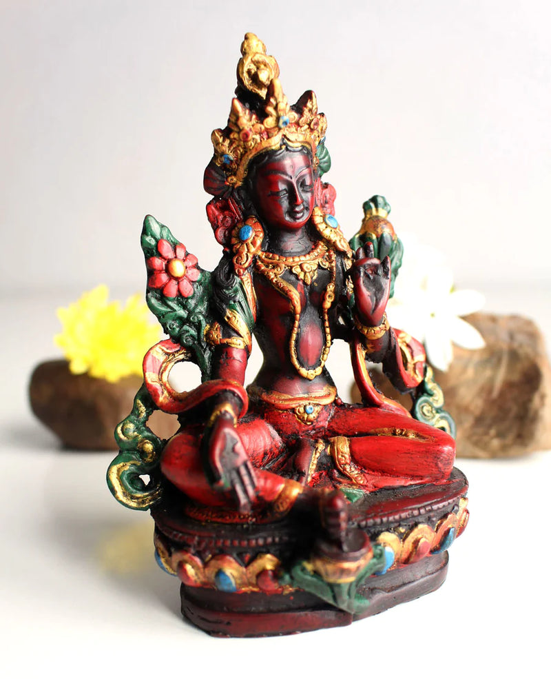 5-Inch Green Tara Resin Statue with Reddish Patina - Buddhist Icon