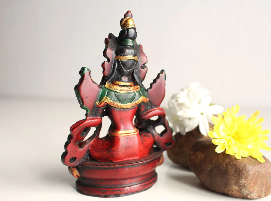 5-Inch Green Tara Resin Statue with Reddish Patina - Buddhist Icon