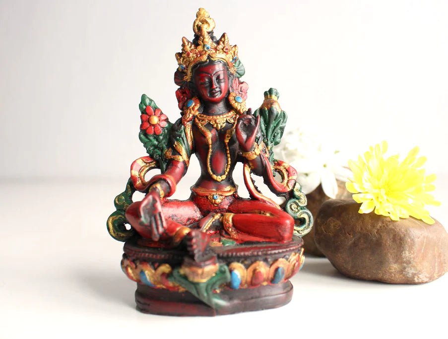 5-Inch Green Tara Resin Statue with Reddish Patina - Buddhist Icon