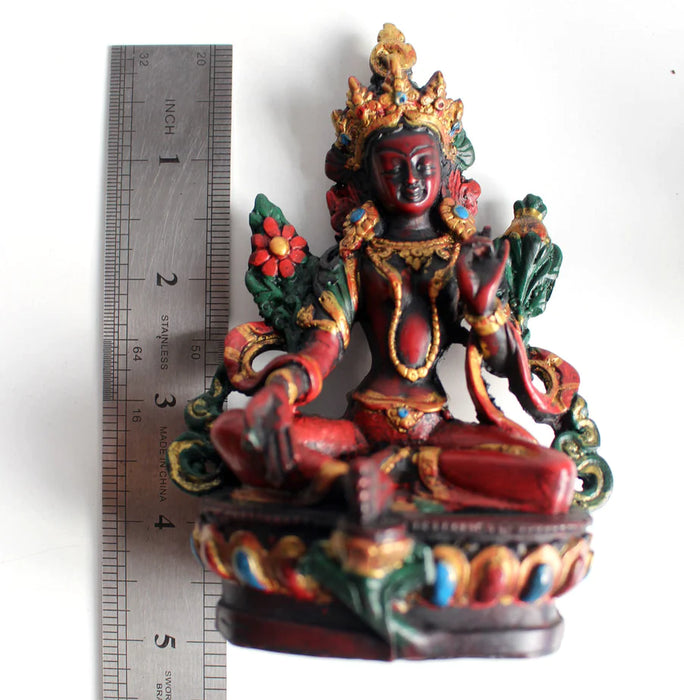 5-Inch Green Tara Resin Statue with Reddish Patina - Buddhist Icon