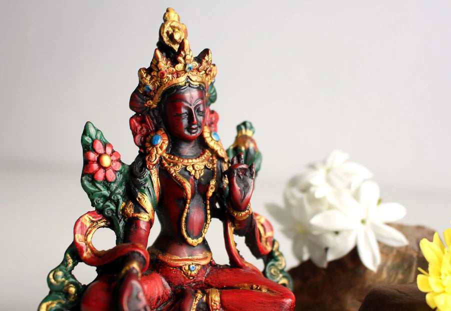 5-Inch Green Tara Resin Statue with Reddish Patina - Buddhist Icon