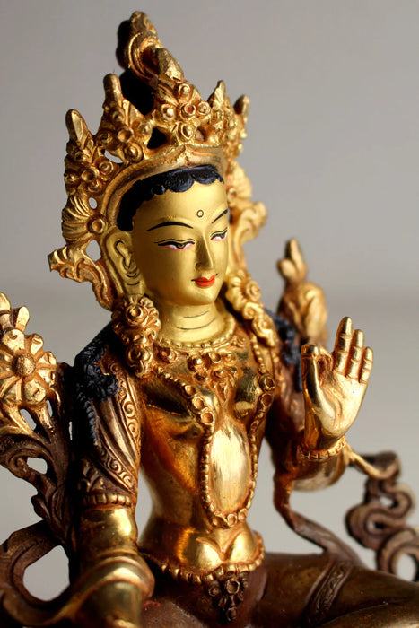 6 Inch Partly Gold Plated Green Tara Statue - Tibetan Goddess Statue