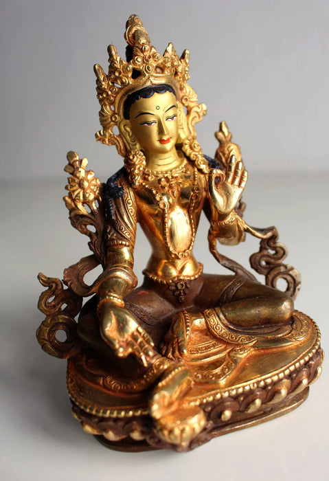 6 Inch Partly Gold Plated Green Tara Statue - Tibetan Goddess Statue